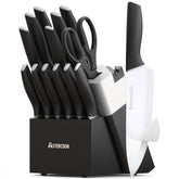 Astercook knife set with built-in sharpener in block for easy maintenance.