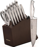 Astercook knife set with block and built-in sharpener keeps blades ready for daily cooking.