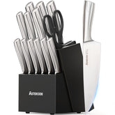Astercook knife set in wooden block with dual sharpener for ready-edge maintenance.