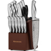 Astercook knife set block with blades displayed for organized storage.