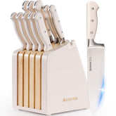 Astercook knife set with wood block and sharpener offers organized storage and quick access.