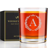 Astonlink personalized A-Z engraved whiskey glass, front view showing clarity and gift appeal.