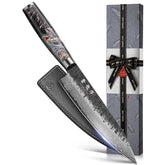 Atumuryou JPCK 8-inch Damascus blade close-up showing precise edge