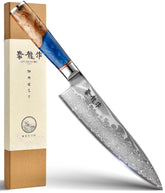 Atumuryou JPCK Damascus blade with VG-10 core for razor sharpness and stain resistance.