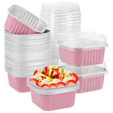 Augoog 5oz mini foil cups with lids for portioned pink desserts.