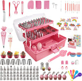 AUKOW 358-piece pink cake decorating kit with storage case for easy organization.