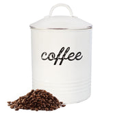 AuldHome Design enamelware white coffee canister front view for organized coffee storage