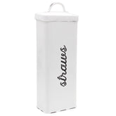 AuldHome Design farmhouse enamelware straw holder in white on counter for easy access.