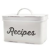 AuldHome Design rustic white recipe box front view with farmhouse enamel charm.