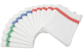 Aunti Em's Kitchen 13-pack dish towels with red, green, blue stripes for kitchen decor.