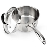AVACRAFT stainless saucepan with glass strainer lid enabling easy dual-side straining for pasta and vegetables