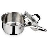 AVACRAFT Tri-Ply saucepan with glass lid for easy straining and precise heat control.