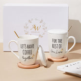 AW BRIDAL ceramic engagement mugs set with lids, ideal for couples' mornings.