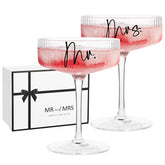 AW BRIDAL Mr and Mrs champagne glasses close-up highlighting engraved design for elegant toasts