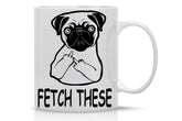 AW Fashions Fetch This Cute Dog Middle Finger mug front view for dog lovers enjoying coffee