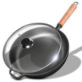 Bachdomc 12-inch cast iron skillet with lid and removable wooden handle for versatile cooking