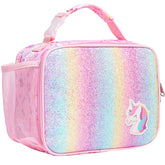 Bagseri lunch bag for girls with glitter pink unicorn front for school use