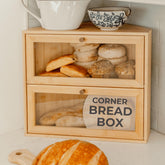 BakedBin Corner Bread Box demonstrates compact corner design saving counter space.