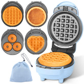 Baker's Friend 4-in-1 Mini Waffle Maker in blue for quick single-serve waffles.