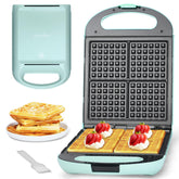 Baker's Friend Belgian waffle maker in aqua, front view shows compact family-size design.