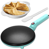 Baker's Friend instant crepe maker with handle features 8-inch aqua surface for quick breakfast crepes.