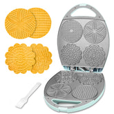 Baker's Friend multi pizzelle maker front view showing four nonstick plates for quick batches.