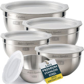 Baker's Signature five-piece stainless steel bowls set displayed on counter for versatile prep