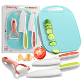 Baketivity kid-safe knives set for beginners, ready for real cooking with a sturdy cutting board.