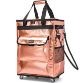 BALEINE bag with wheels in rose gold ready for easy grocery shopping.