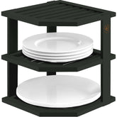 Bambüsi cabinet organizer shelf in corner design saves cabinet space for plates and bowls.