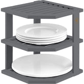 Bambüsi cabinet organizer shelf, top view, grey bamboo corner rack for space-saving storage.