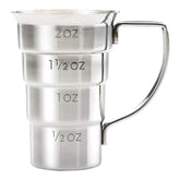 Barfly M37108 drink jigger front view highlights 2 oz capacity for precise cocktail pours.