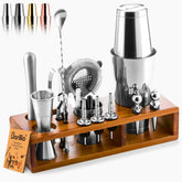 Barillio Bartender Kit with Acacia Stand elevates home bar organization and style.