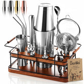 Barillio Bartender Kit with African mahogany stand organizing a home bar