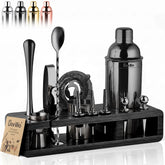 Barillio Black Bartender Kit 23-piece shaker on a black bamboo stand for home cocktails