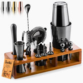 Barillio Black Bartender Kit on Acacia stand ready for stylish home mixing.