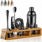 Barillio black bartender kit on bamboo stand for stylish home entertaining.