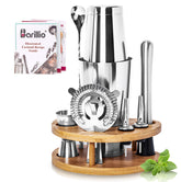 Barillio Elite Mixology Kit with stand, showing polished stainless steel shaker for easy home bartending.