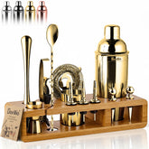 Barillio Gold Bartender Kit on bamboo stand for organized home bartending