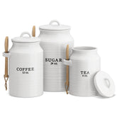 Barnyard Designs coffee tea sugar canister set on a kitchen counter for organized storage