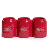 Barnyard Designs red ceramic silverware caddy on counter for quick everyday use.
