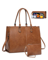 BAVERGE laptop tote brown quilted exterior with an organized interior for work.