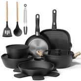 Bazova 19-pcs pots and pans set with detachable handles for versatile stove-to-table use.