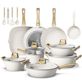 Bazova 25-pcs ceramic set on countertop demonstrates toxin-free cooking and easy cleanup.