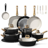 Bazova 25-piece pots and pans full set on kitchen counter, ideal for family dinners.