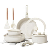 Bazova ceramic nonstick cookware set with stacked pots and pans saves space in compact kitchens.