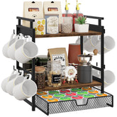 BCOZLUX coffee bar organizer full unit on counter, maximizing mug and pod accessibility.