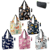 BeeGreen cat-print tote bags in a six-pack for stylish, reusable grocery shopping.