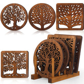 Beeveer Life Tree Trivet Set on display with all items and storage
