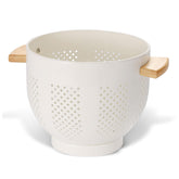 BeFare metal colander with wood handle and stable base for efficient draining.